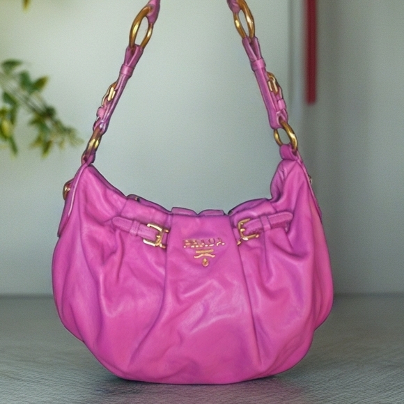 Prada Fuchsia Pink Leather Ruched Hobo Shoulder Bag. With Dustbag. - Picture 2 of 15